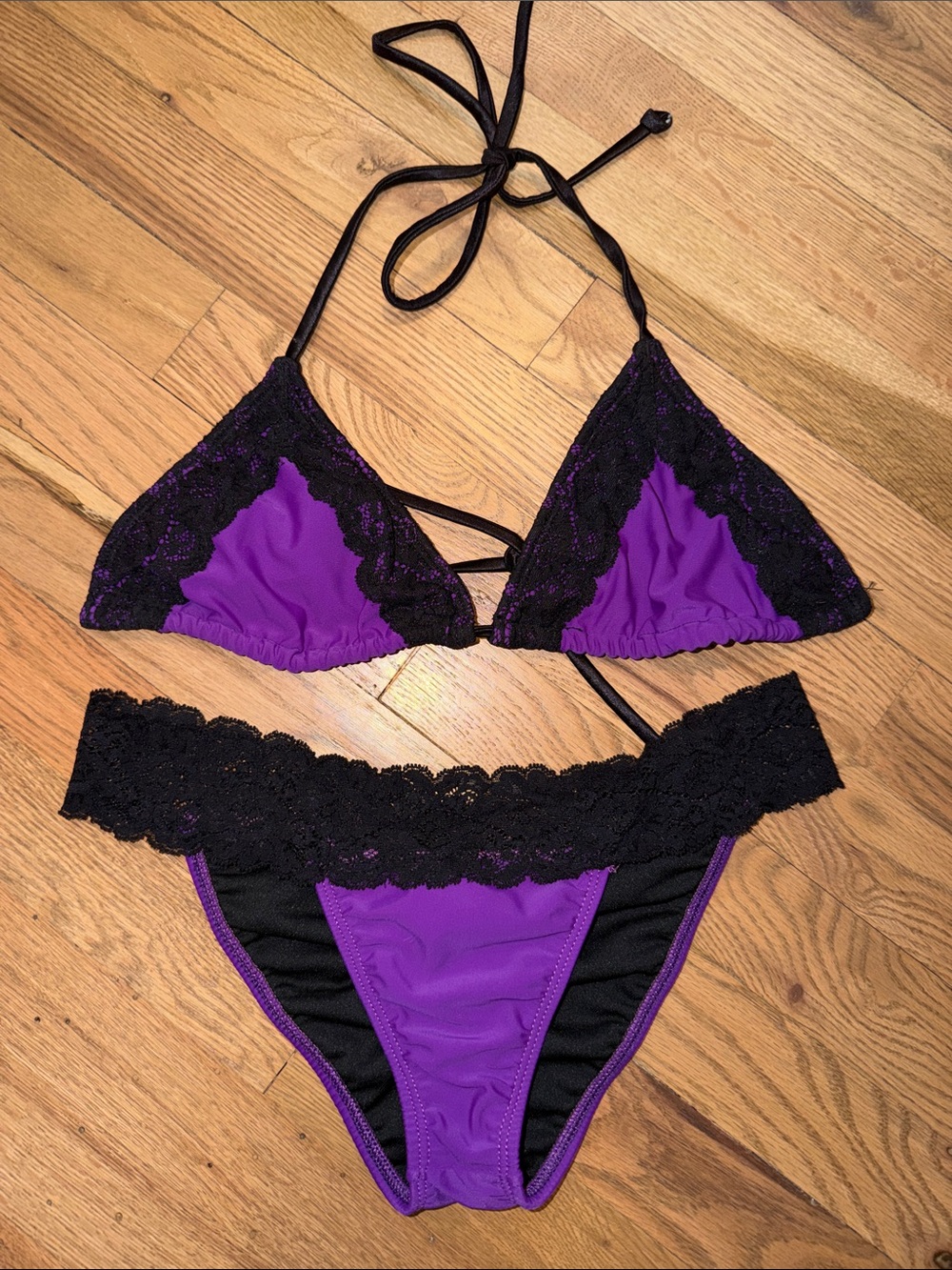 Purple & Black Lace Triangle Bikini Set Size Large